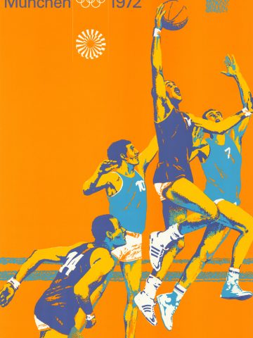 Originalplakat von Otl Aicher für die Sportart Basketball während der olympischen Spiele in München