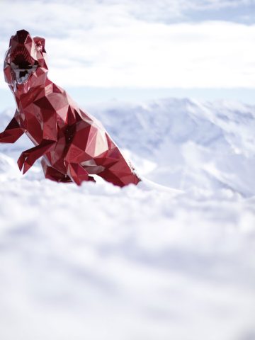 Roter Spielzeug-Dinosaurier in den französischen Alpen. Fotografie von James Murray.